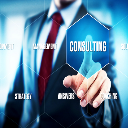 Business consultancy concept with consultant pointing at virtual consulting strategy and management icons